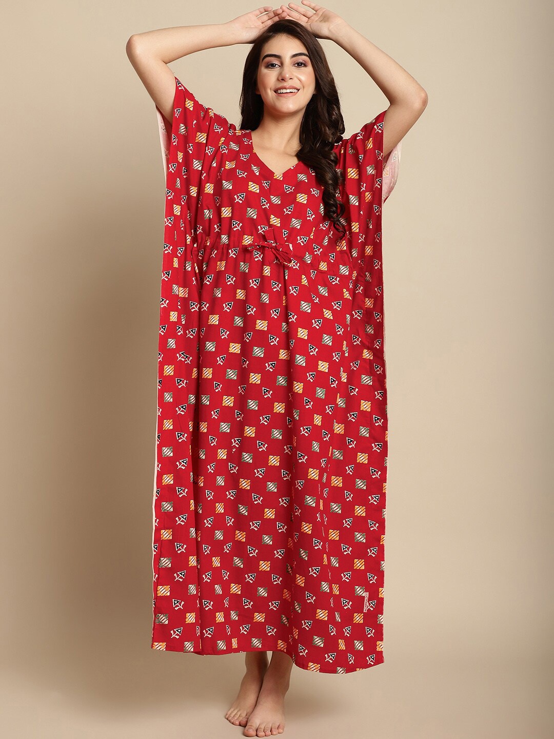 

Secret Wish Geometric Printed V-Neck Pure Cotton Maxi Kaftan Nightdress, Red