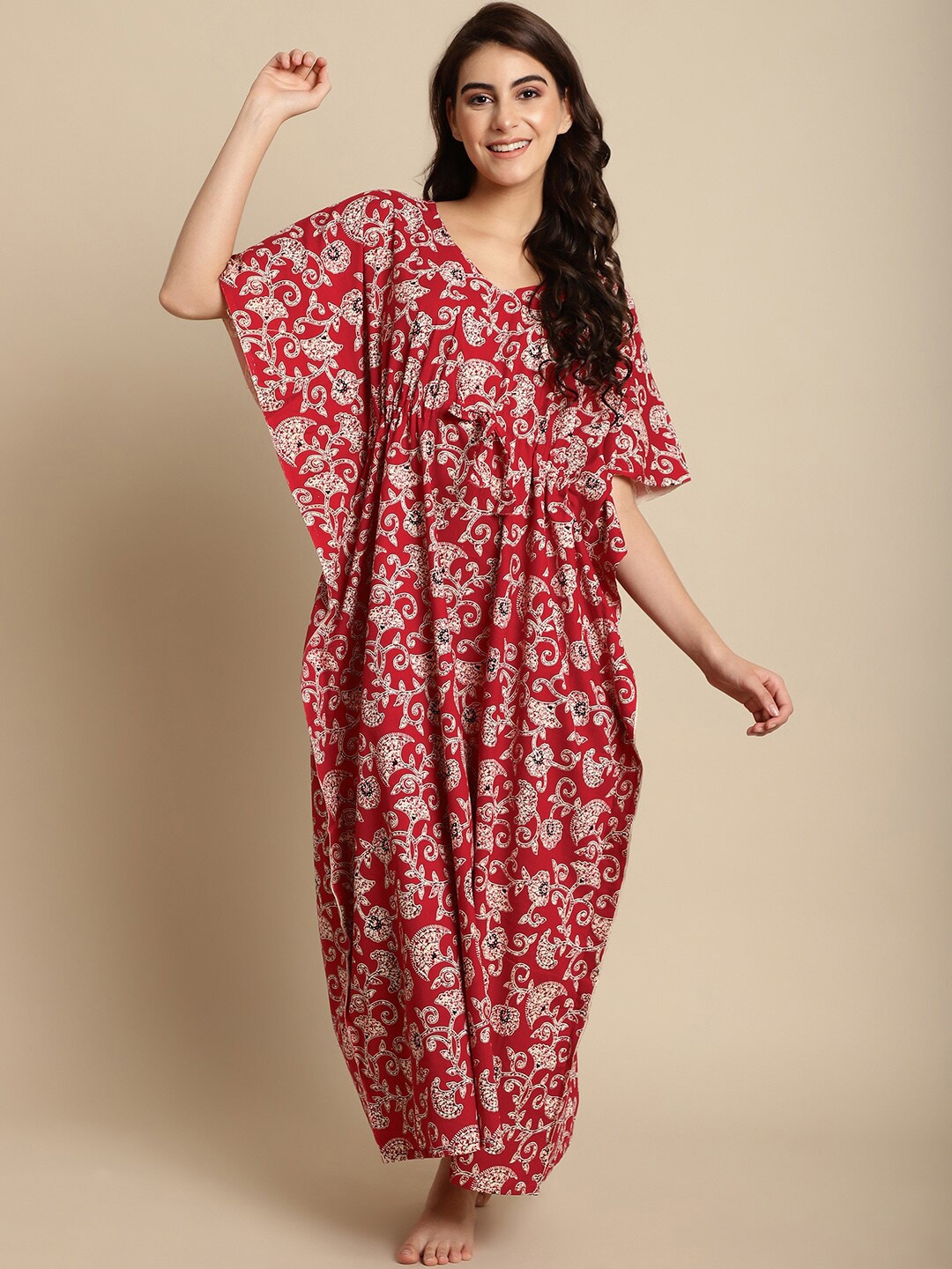 

Secret Wish Floral Printed V-Neck Pure Cotton Maxi Kaftan Nightdress, Red