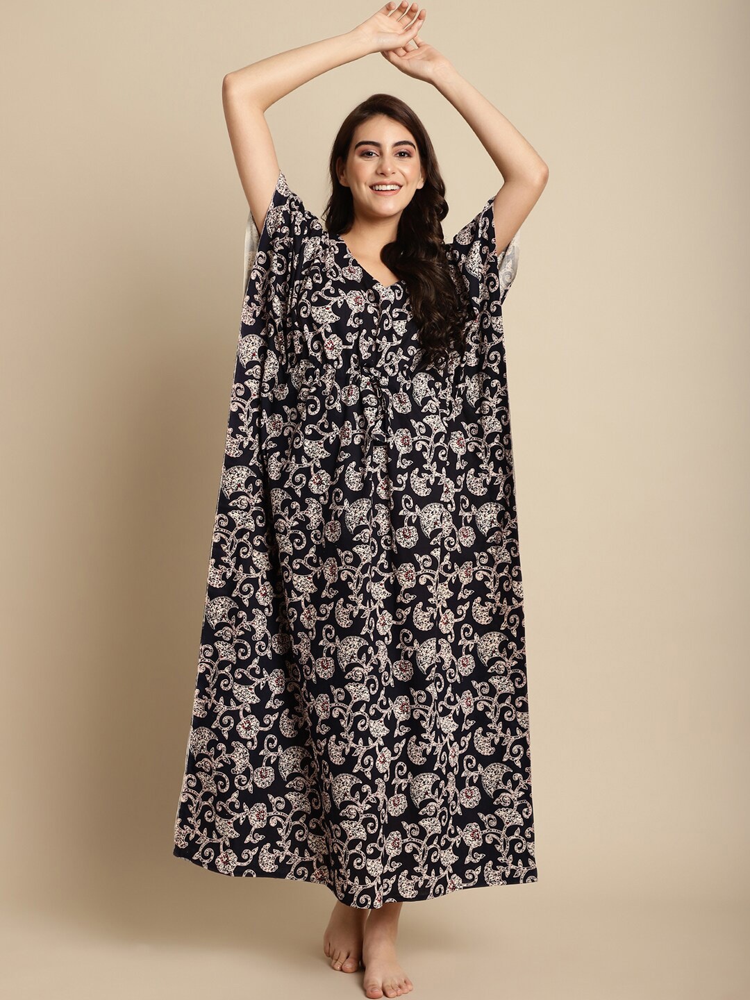 

Secret Wish Ethnic Motifs Printed V-Neck Pure Cotton Maxi Kaftan Nightdress, Black