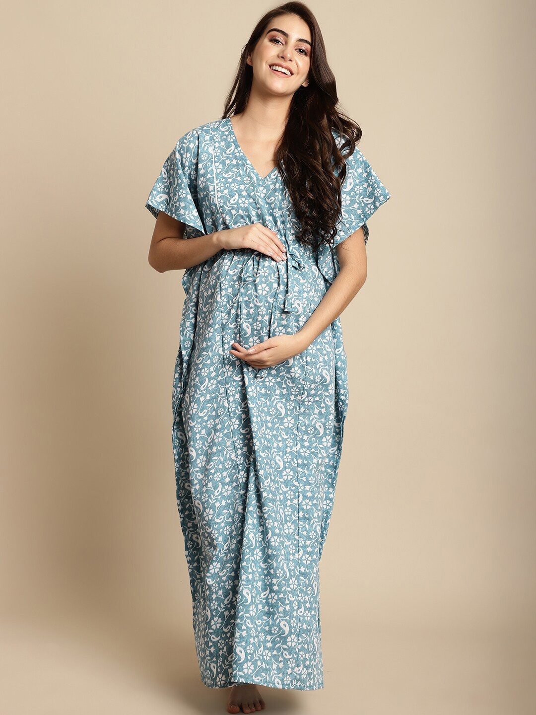 

Secret Wish Floral Printed V-Neck Pure Cotton Maternity Maxi Kaftan Nightdress, Blue