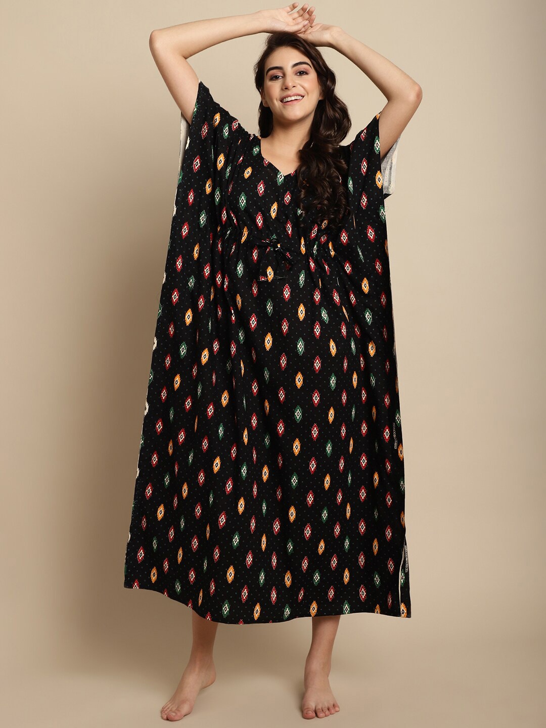 

Secret Wish Geometric Printed V-Neck Pure Cotton Maxi Kaftan Nightdress, Black