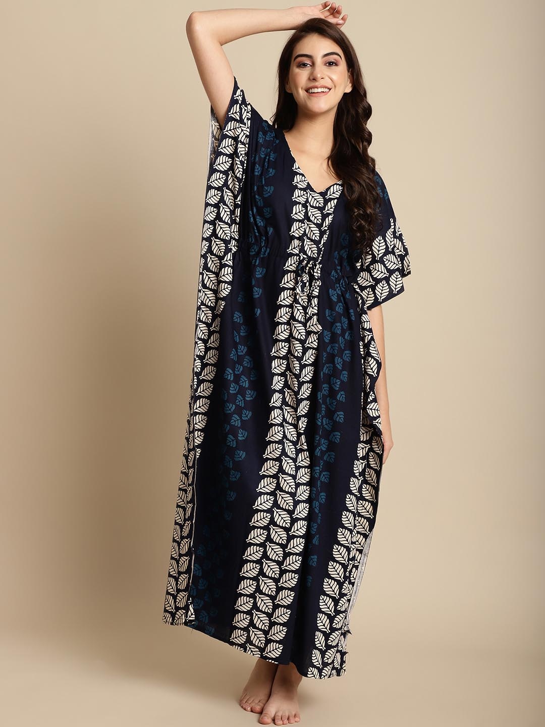 

Secret Wish Floral Printed Pure Cotton Maxi Kaftan Nightdress, Navy blue