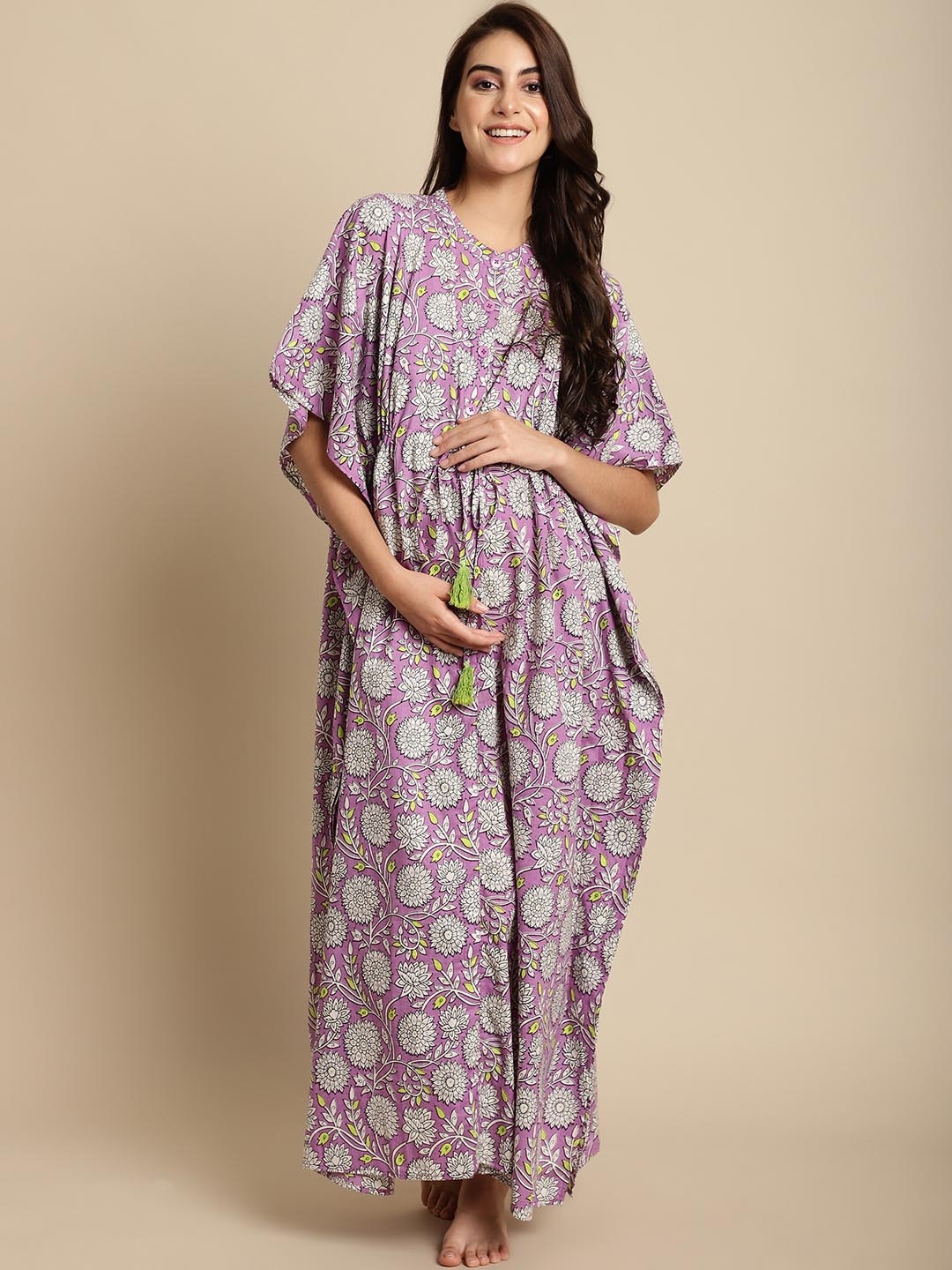 

Secret Wish Floral Printed Pure Cotton Maternity Kaftan Nightdress, Purple