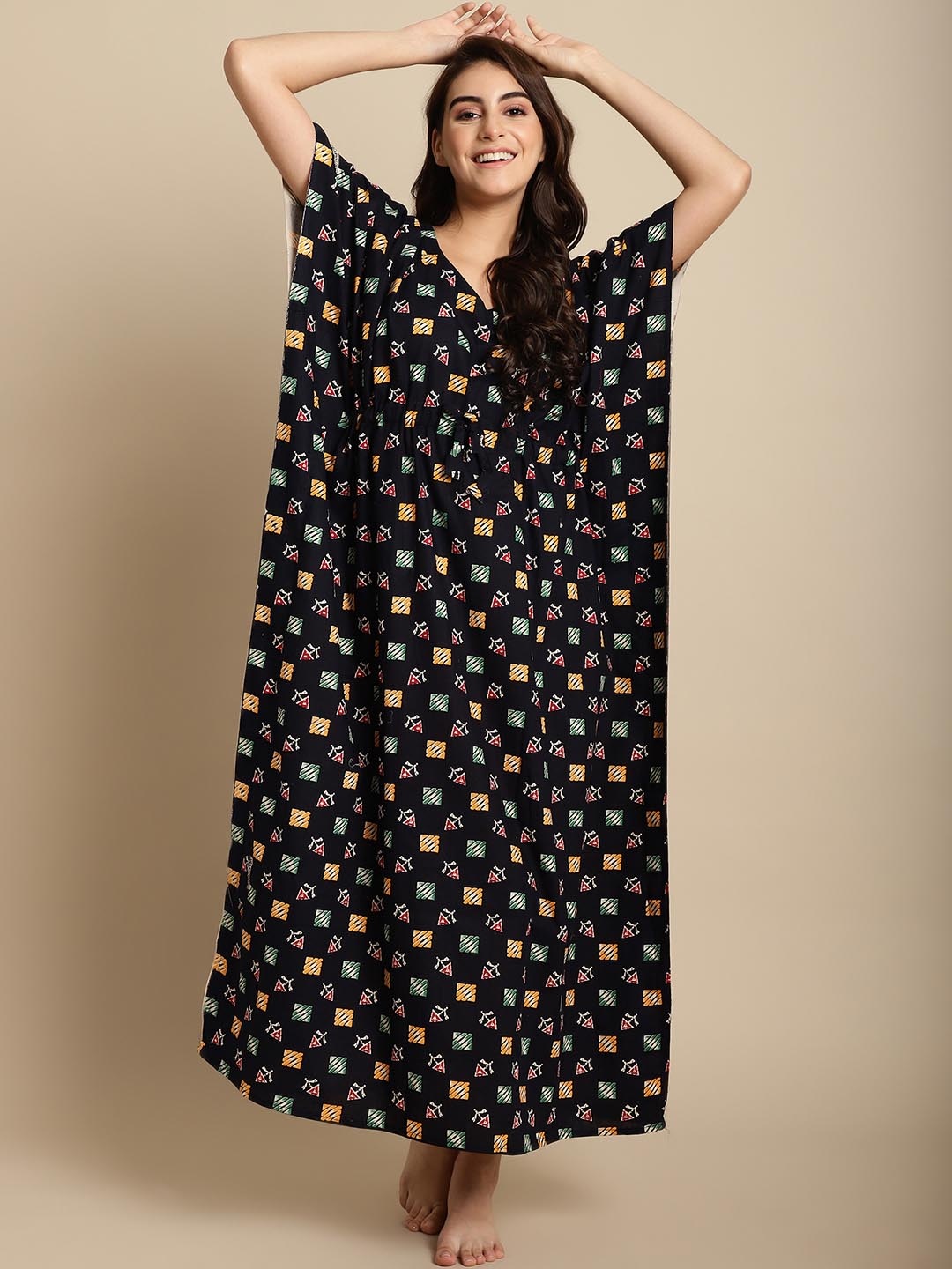 

Secret Wish Printed Pure Cotton Maxi Kaftan Nightdress, Navy blue