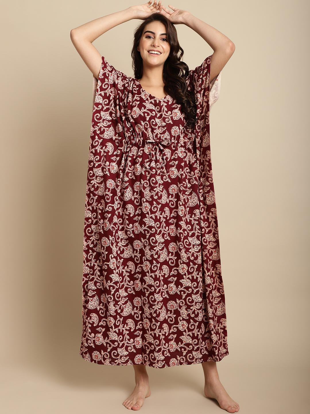 

Secret Wish Floral Printed Pure Cotton Maxi Kaftan Nightdress, Maroon