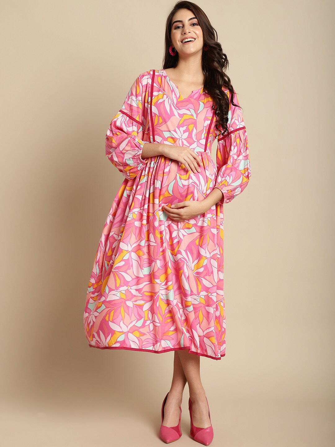 

Secret Wish Floral Printed Gathered A-Line Maternity Dress, Pink