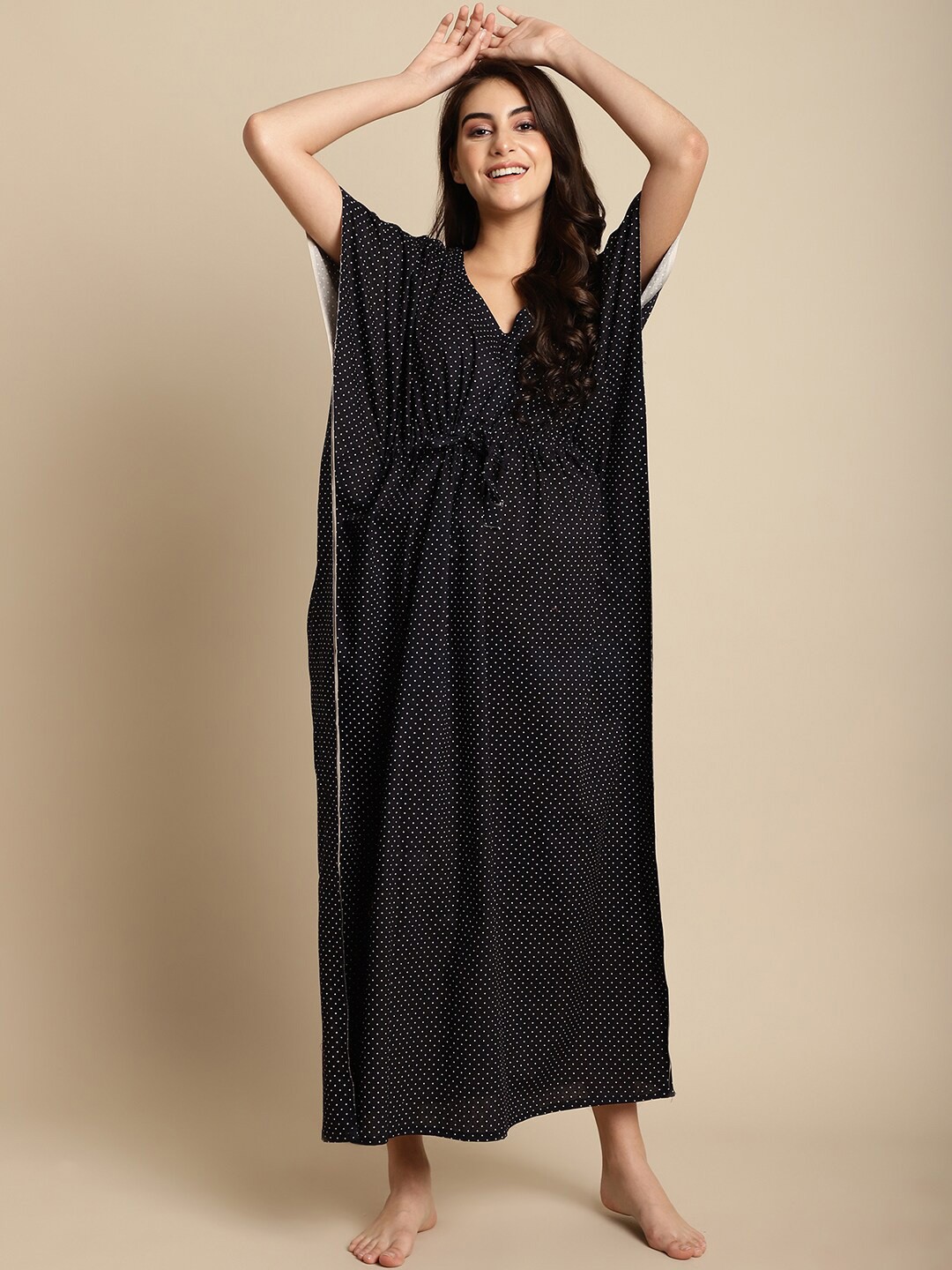 

Secret Wish Polka Dots Printed V-Neck Pure Cotton Maxi Kaftan Nightdress, Black