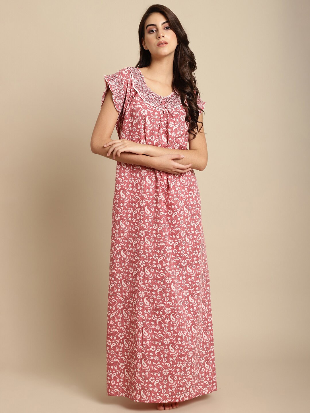 

Secret Wish Floral Printed Cotton Maxi Nightdress, Pink