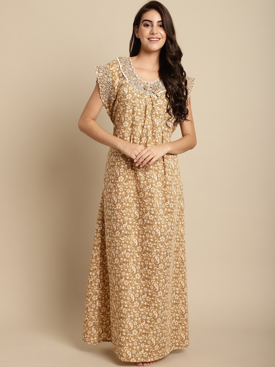 

Secret Wish Floral Printed Cotton Maxi Nightdress, Beige