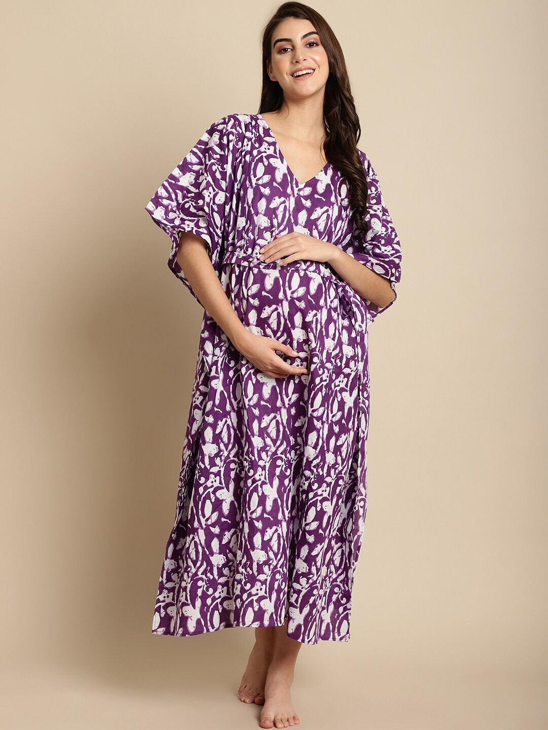 

Secret Wish Floral Printed V-Neck Pure Cotton Maternity Maxi Kaftan Nightdress, Purple