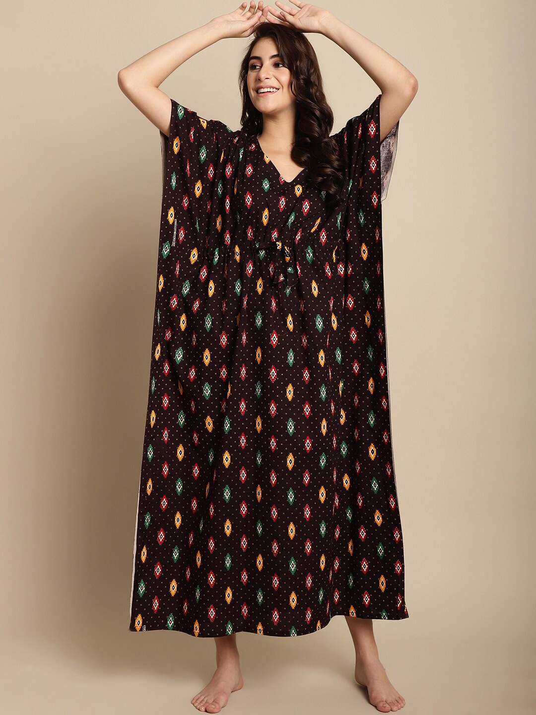 

Secret Wish Geometric Printed V-Neck Pure Cotton Maxi Kaftan Nightdress, Brown