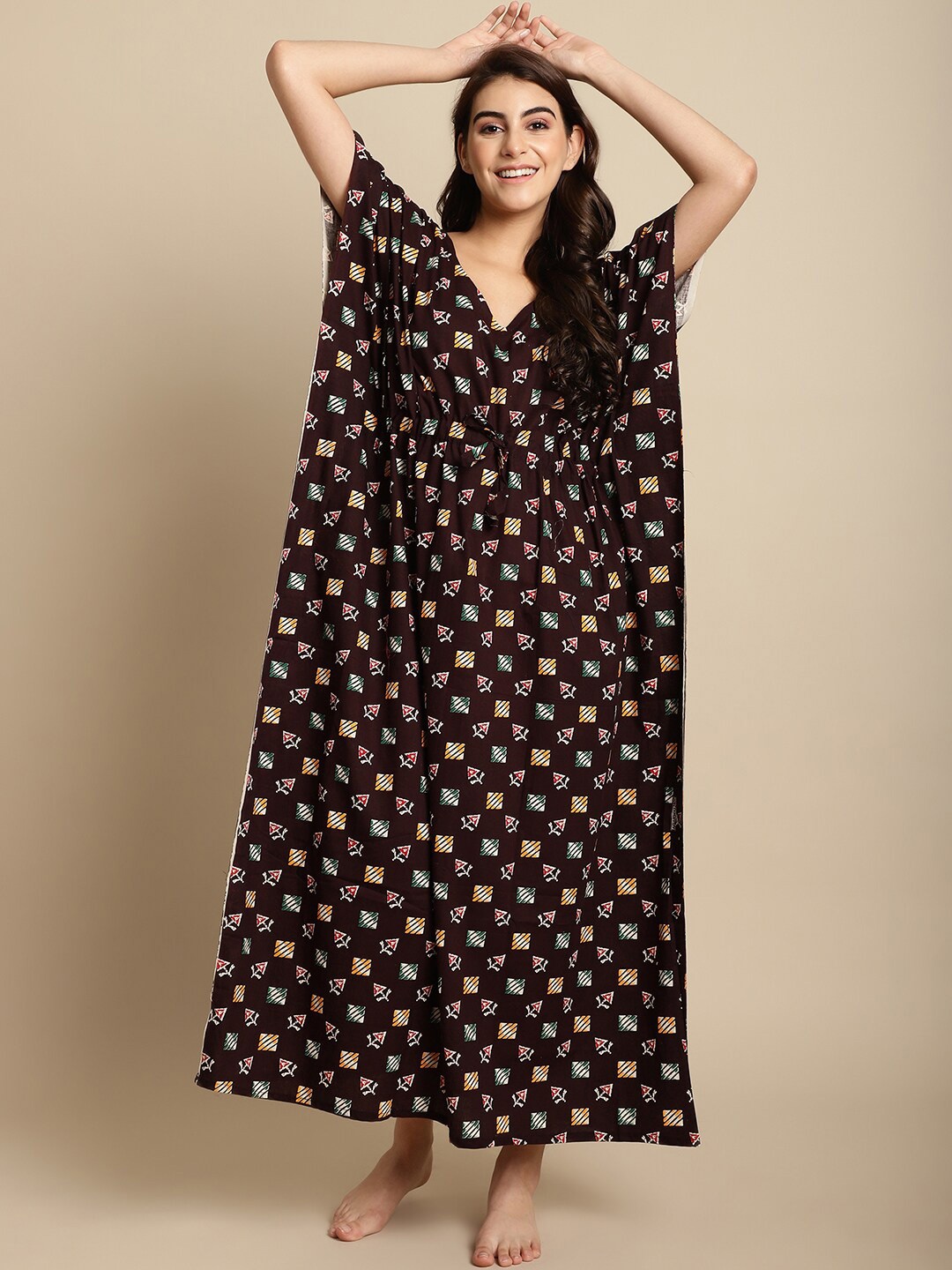 

Secret Wish Printed Pure Cotton Maxi Kaftan Nightdress, Brown