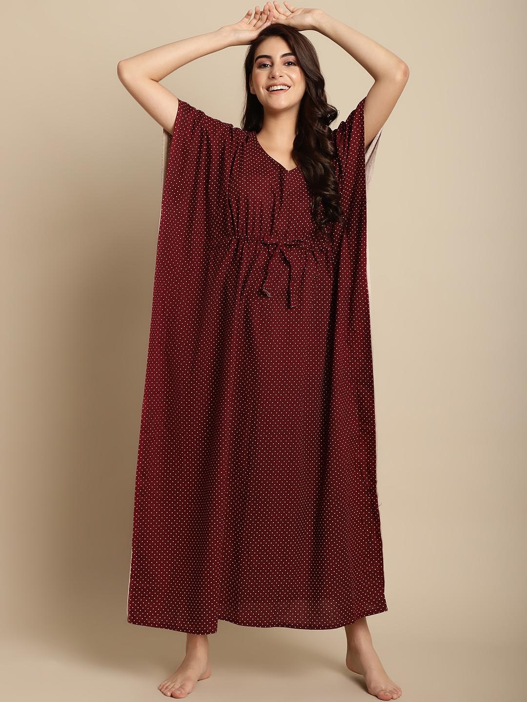 

Secret Wish Batik Printed Pure Cotton Maxi Kaftan Nightdress, Maroon