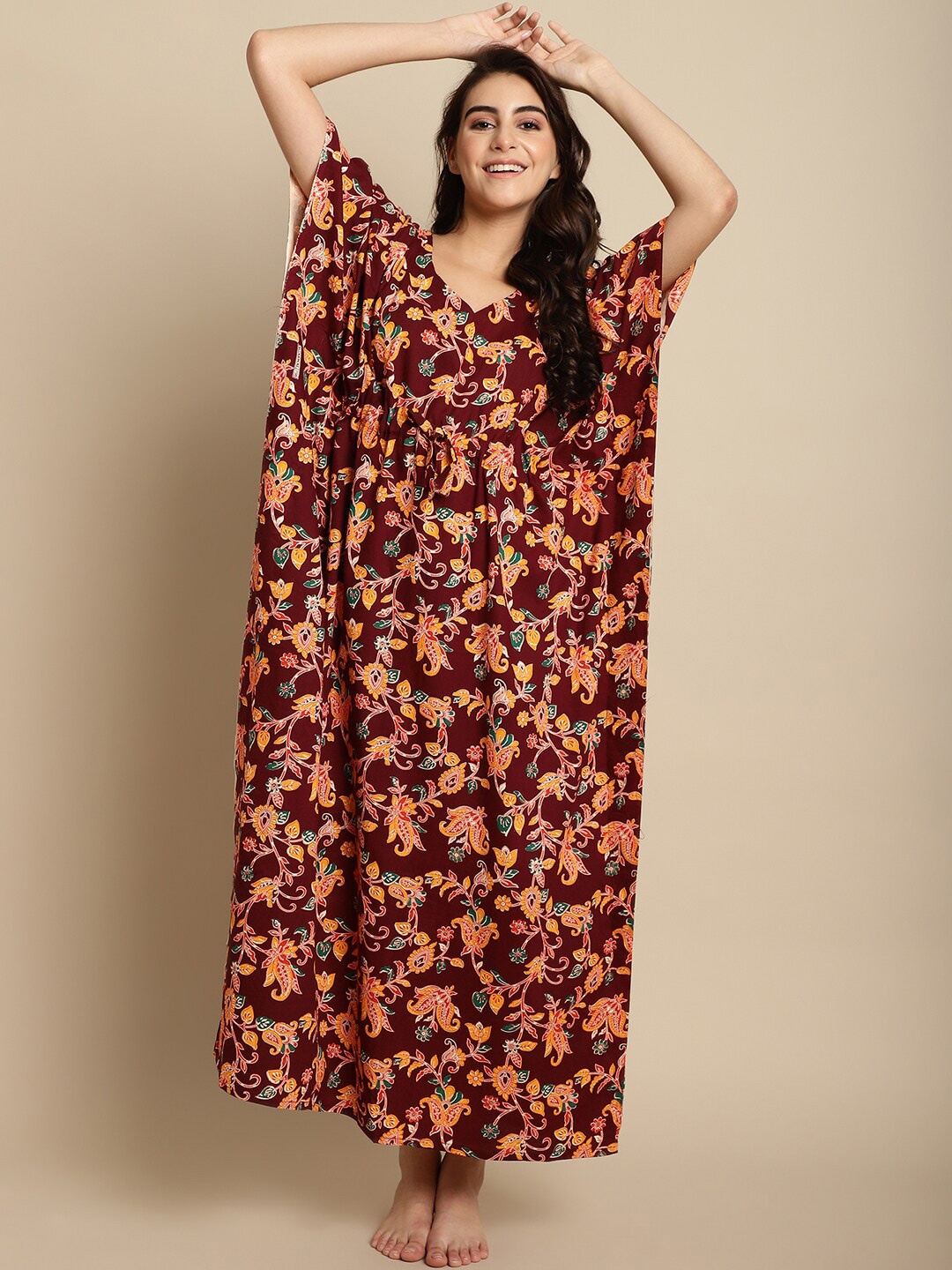 

Secret Wish Ethnic Motifs Printed V-Neck Pure Cotton Maxi Kaftan Nightdress, Maroon