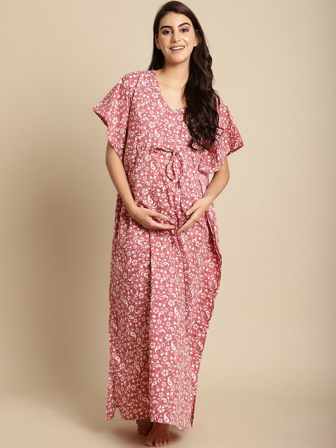 

Secret Wish Floral Printed Pure Cotton Maternity Maxi Kaftan Nightdress, Pink