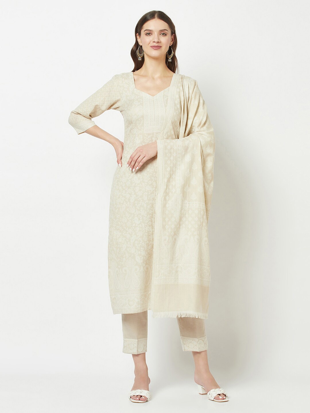 

FEMLOOM Ehnic Motifs Printed Pure Cotton Unstitched Dress Material, Off white
