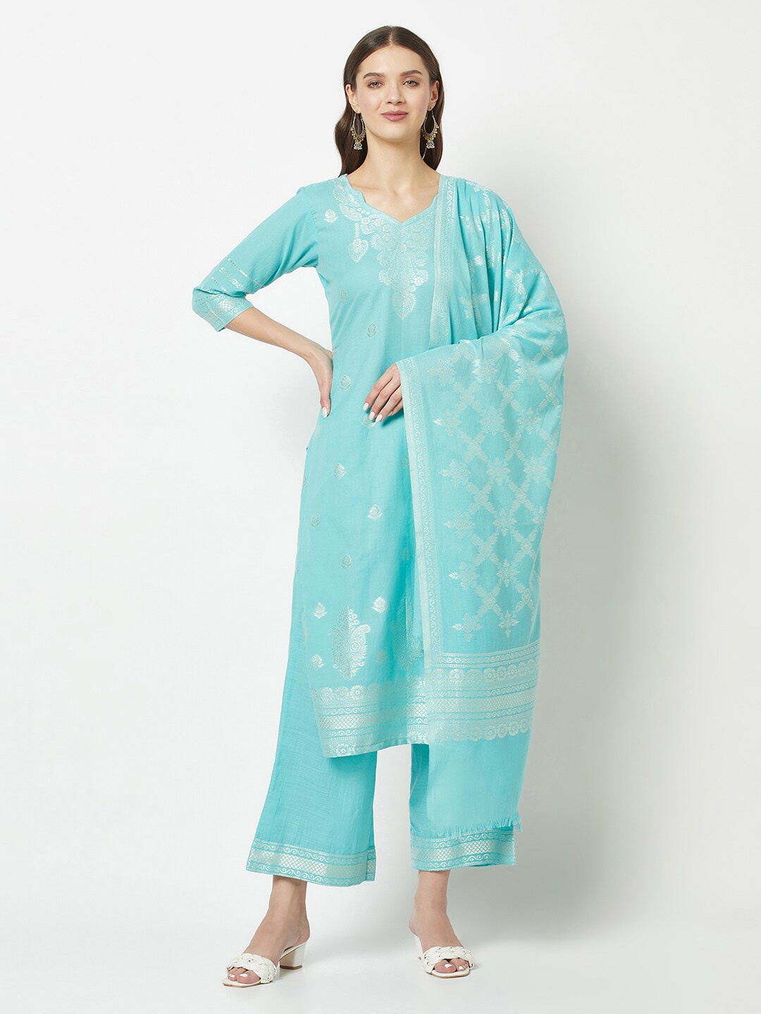 

FEMLOOM Floral Printed Pure Cotton Unstitched Dress Material, Blue