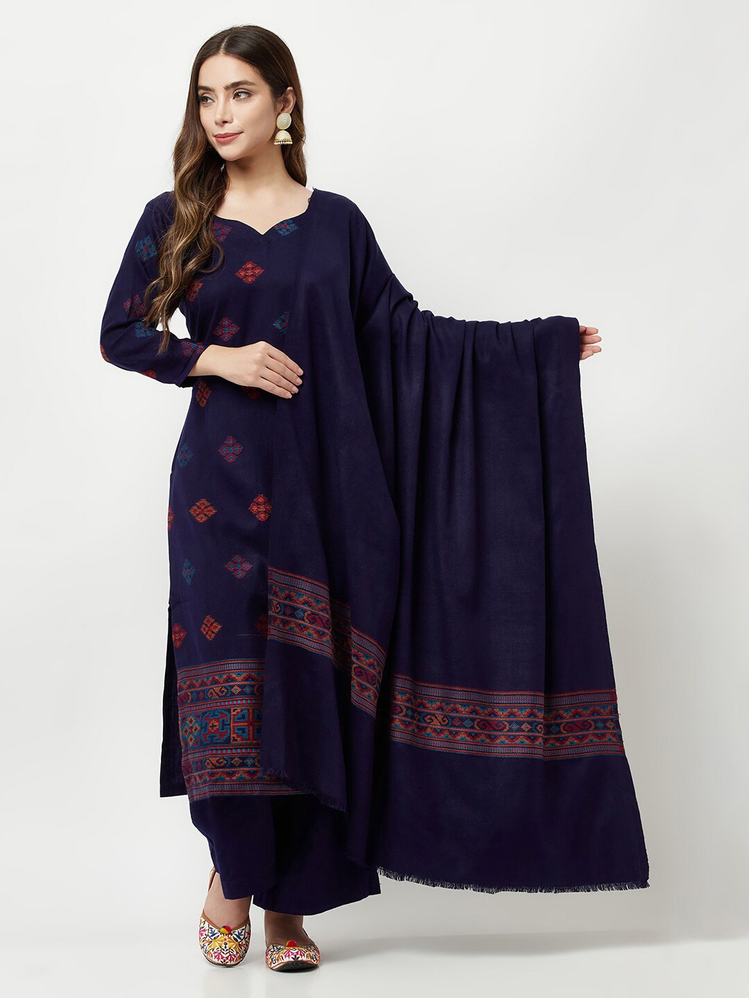 

FEMLOOM Ethnic Motifs Printed Pashmina Unstitched Dress Material, Navy blue