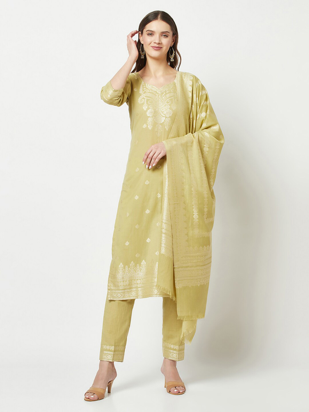 

FEMLOOM Ethnic Motifs Printed Pure Cotton Unstitched Dress Material, Gold