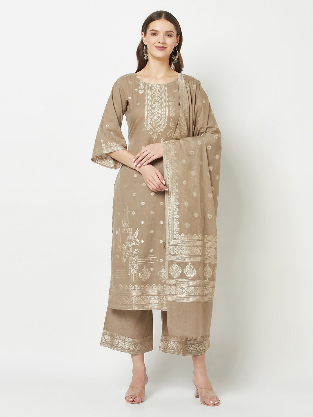

FEMLOOM Floral Printed Pure Cotton Unstitched Dress Material, Brown