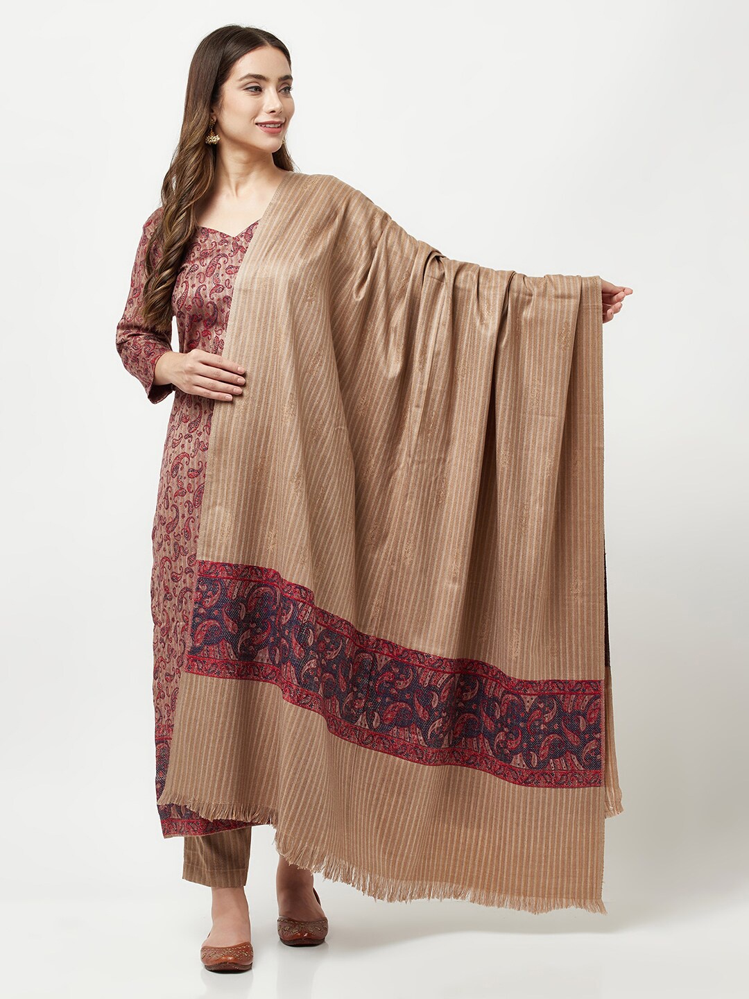 

FEMLOOM Paisley Printed Pashmina Unstitched Dress Material, Beige