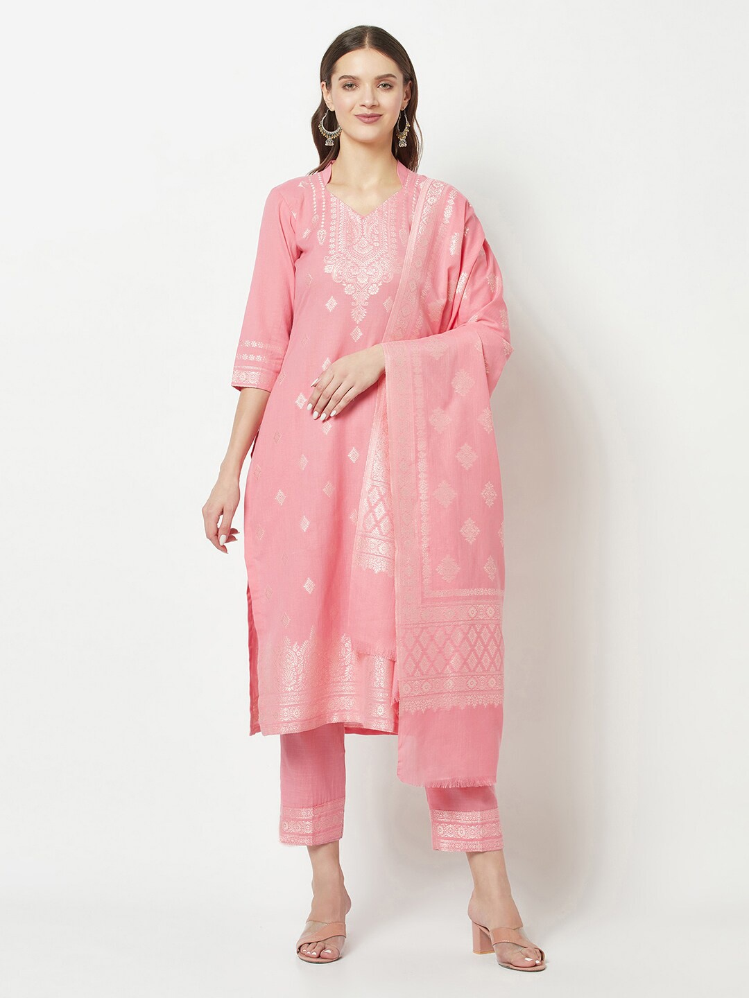 

FEMLOOM Ethnic Motifs Printed Pure Cotton Unstitched Dress Material, Pink