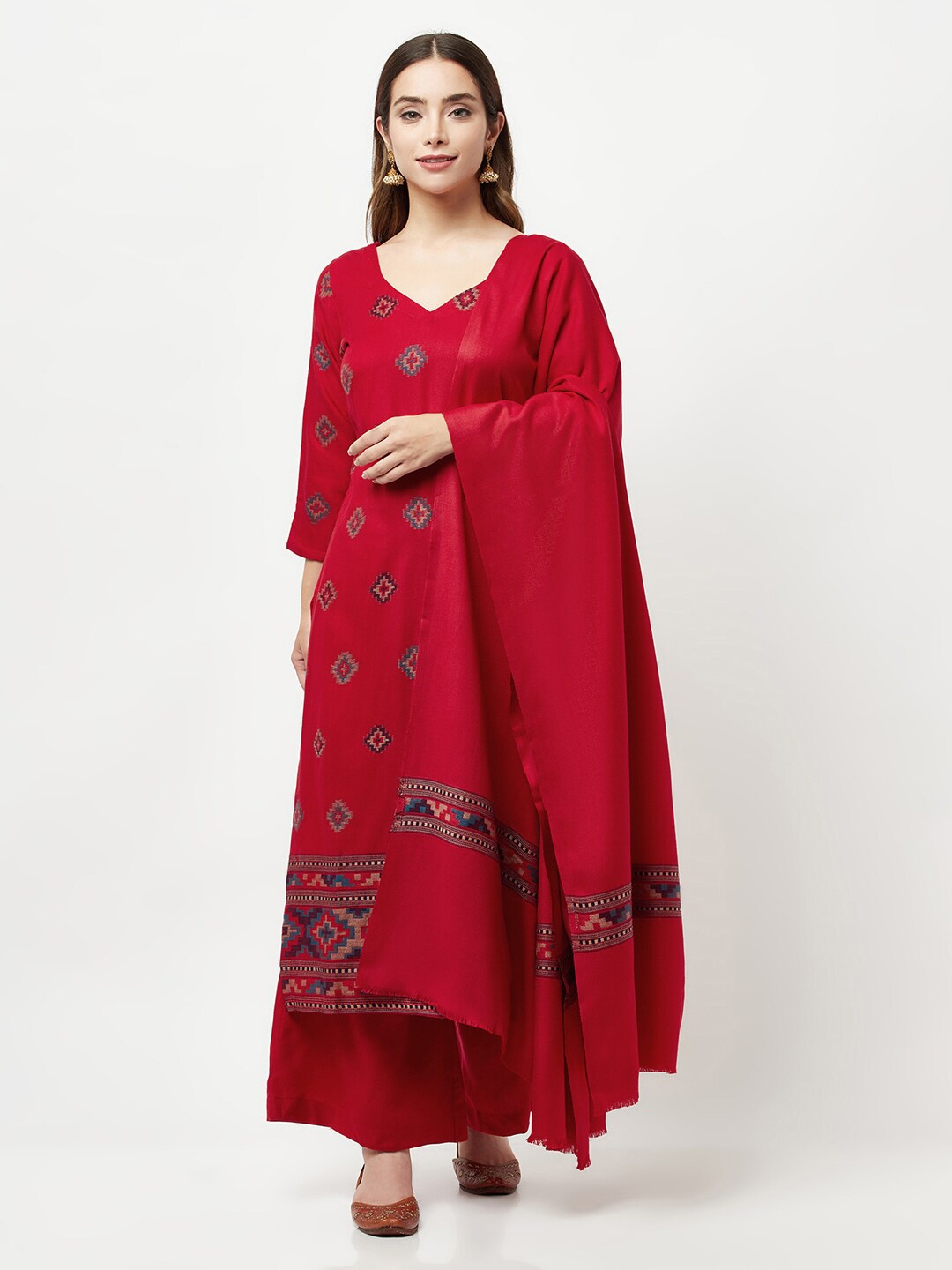 

FEMLOOM Ethnic Motifs Printed Pashmina Unstitched Dress Material, Red
