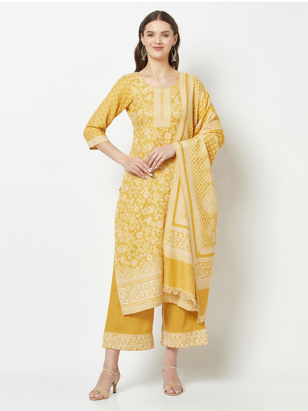 

FEMLOOM Floral Printed Pure Cotton Unstitched Dress Material, Mustard