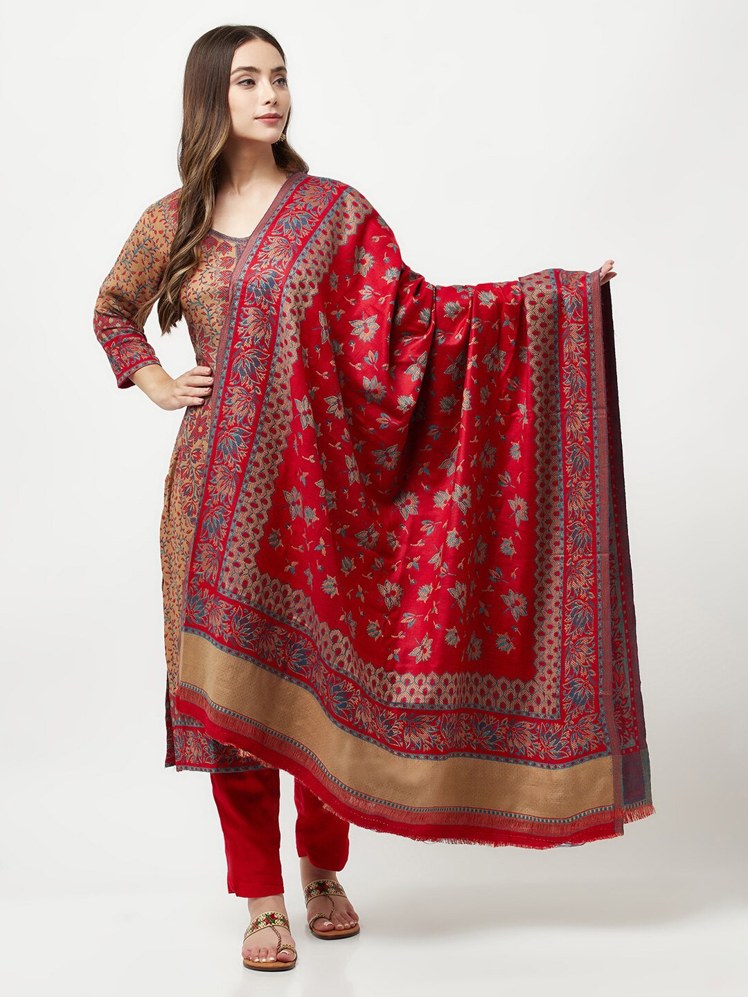 

FEMLOOM Floral Printed Pashmina Unstitched Dress Material, Gold