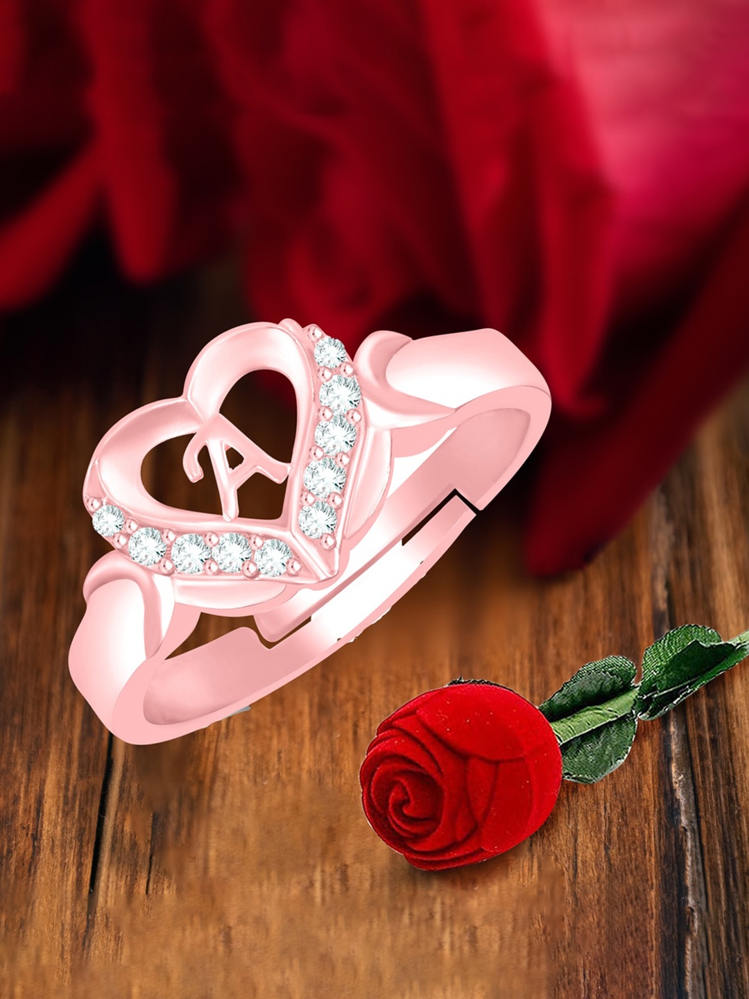 

MEENAZ Rose Gold-Plated AD Studded A Alphabet Adjustable Ring With Rose Box