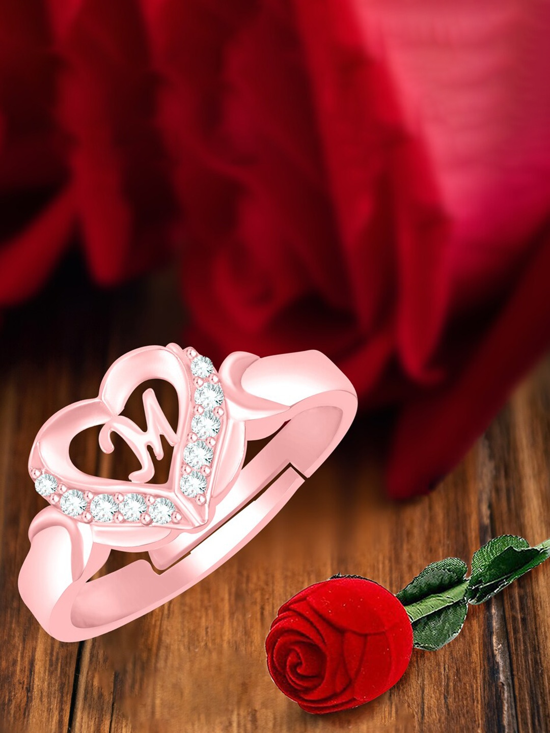 

MEENAZ Rose Gold-Plated AD Studded M Alphabet Adjustable Ring With Rose Box