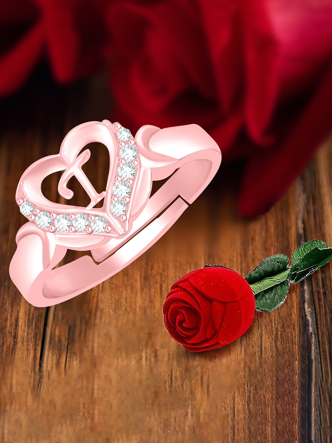 

MEENAZ Rose Gold-Plated American Diamond Studded T Alphabet Adjustable Ring With Rose Box