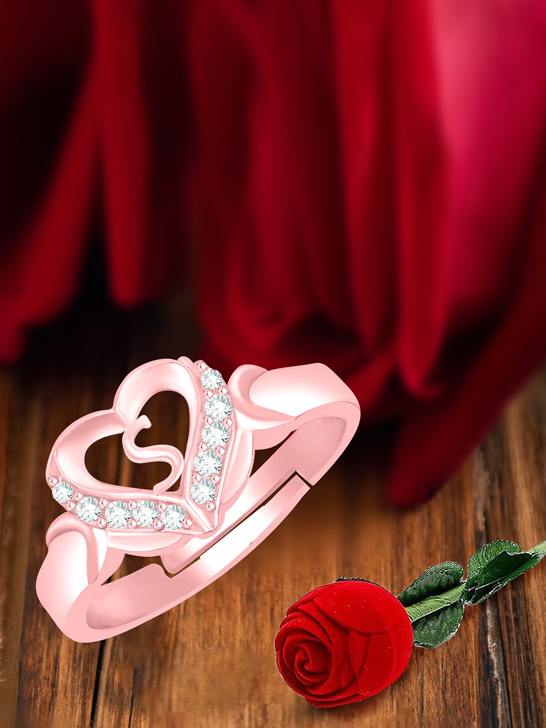 

MEENAZ Rose Gold-Plated Stainless Steel S Alphabet Adjustable Finger Ring With Rose Box