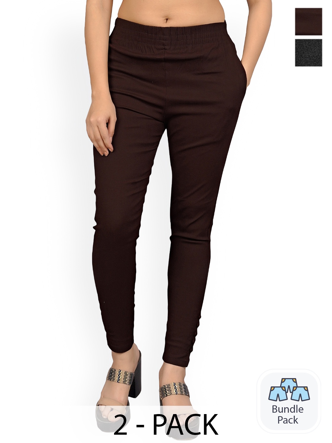 

MYSHA Women Pack Of 2 Comfort Easy Wash Cigarette Trousers, Brown