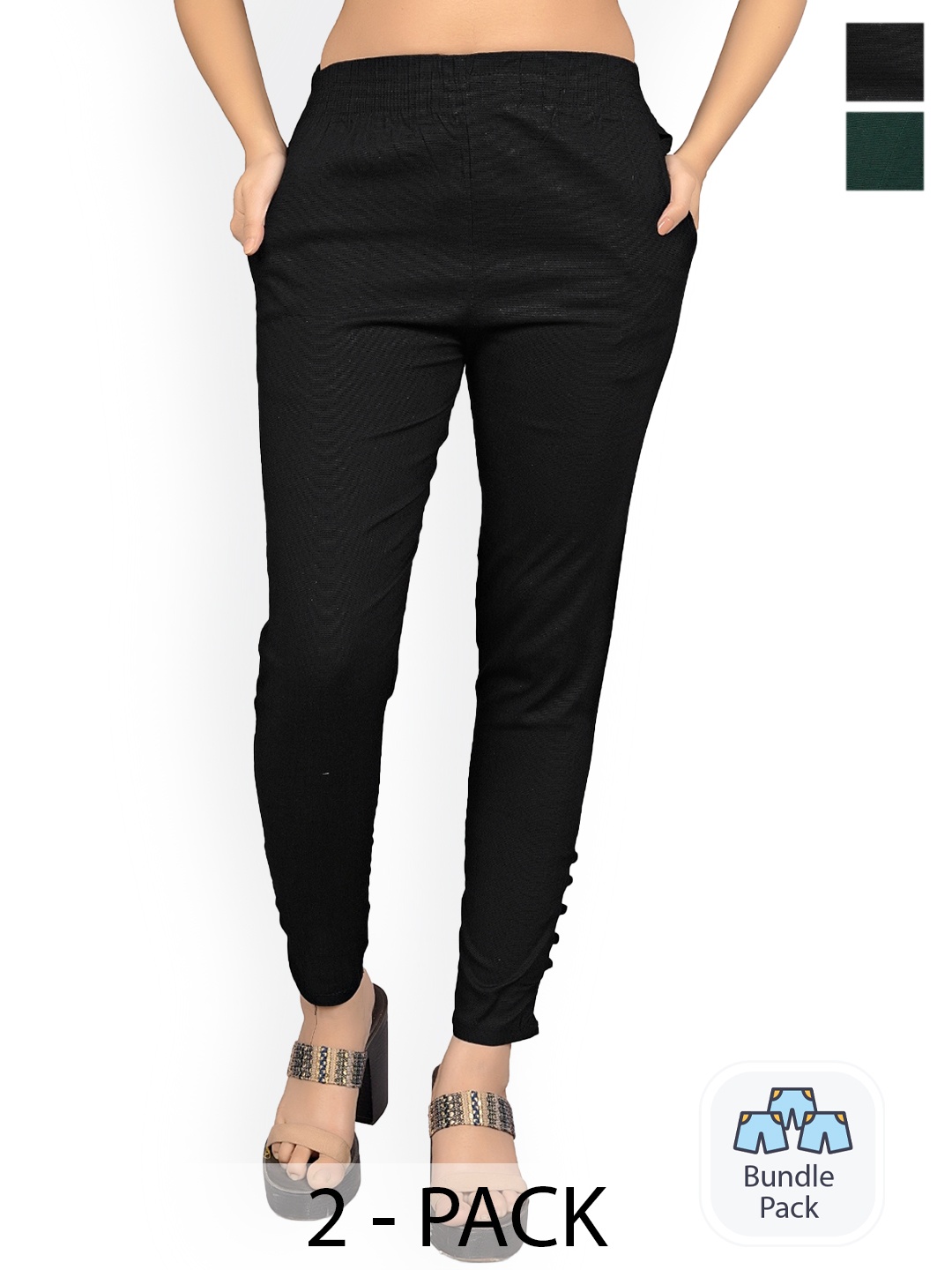 

MYSHA Women Pack Of 2 Comfort Easy Wash Cigarette Trousers, Black