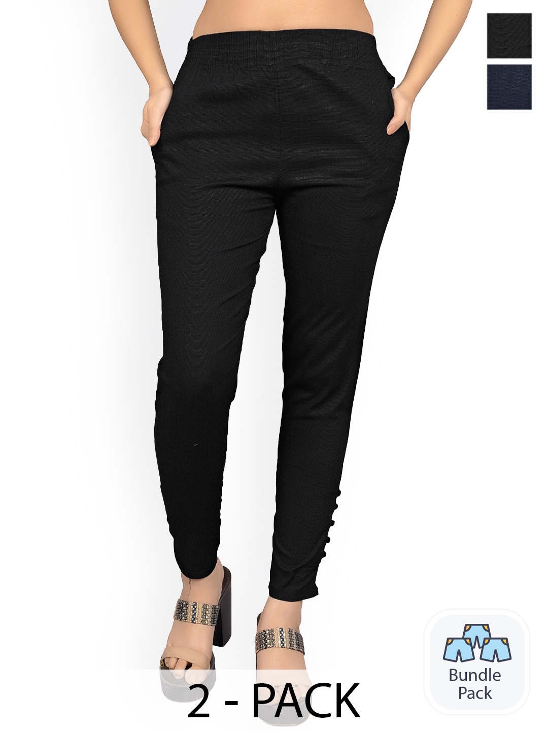 

MYSHA Women Pack Of 2 Comfort Easy Wash Cigarette Trousers, Black