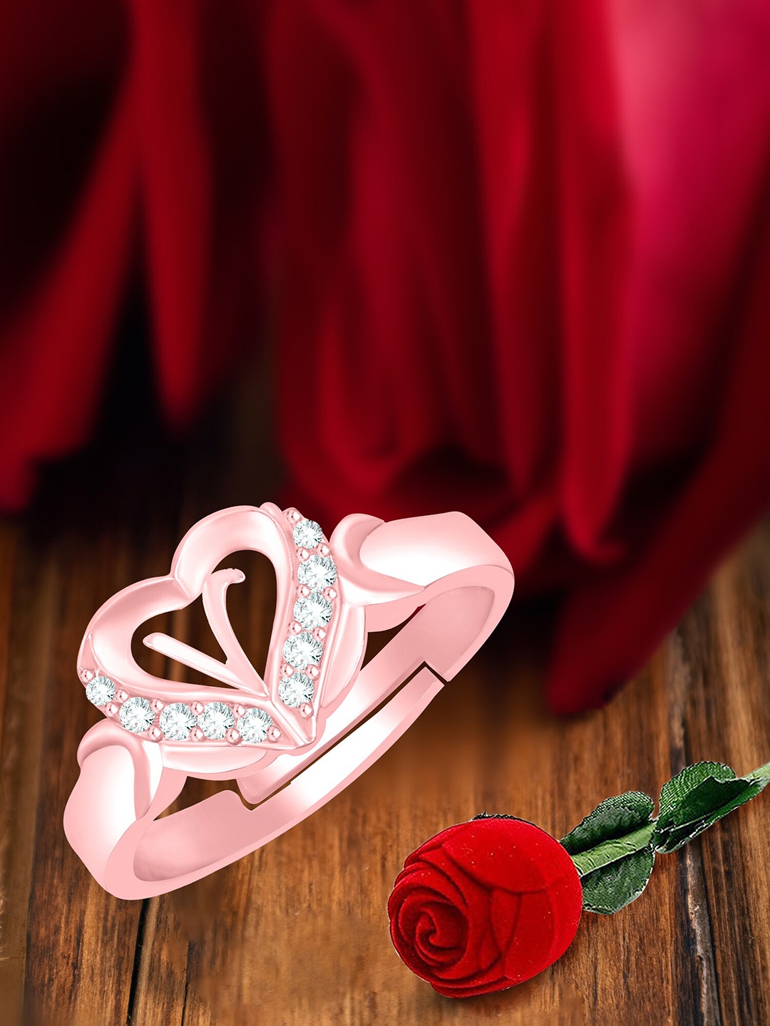 

MEENAZ Rose Gold-Plated Stainless Steel V Alphabet Adjustable Finger Ring With Rose Box