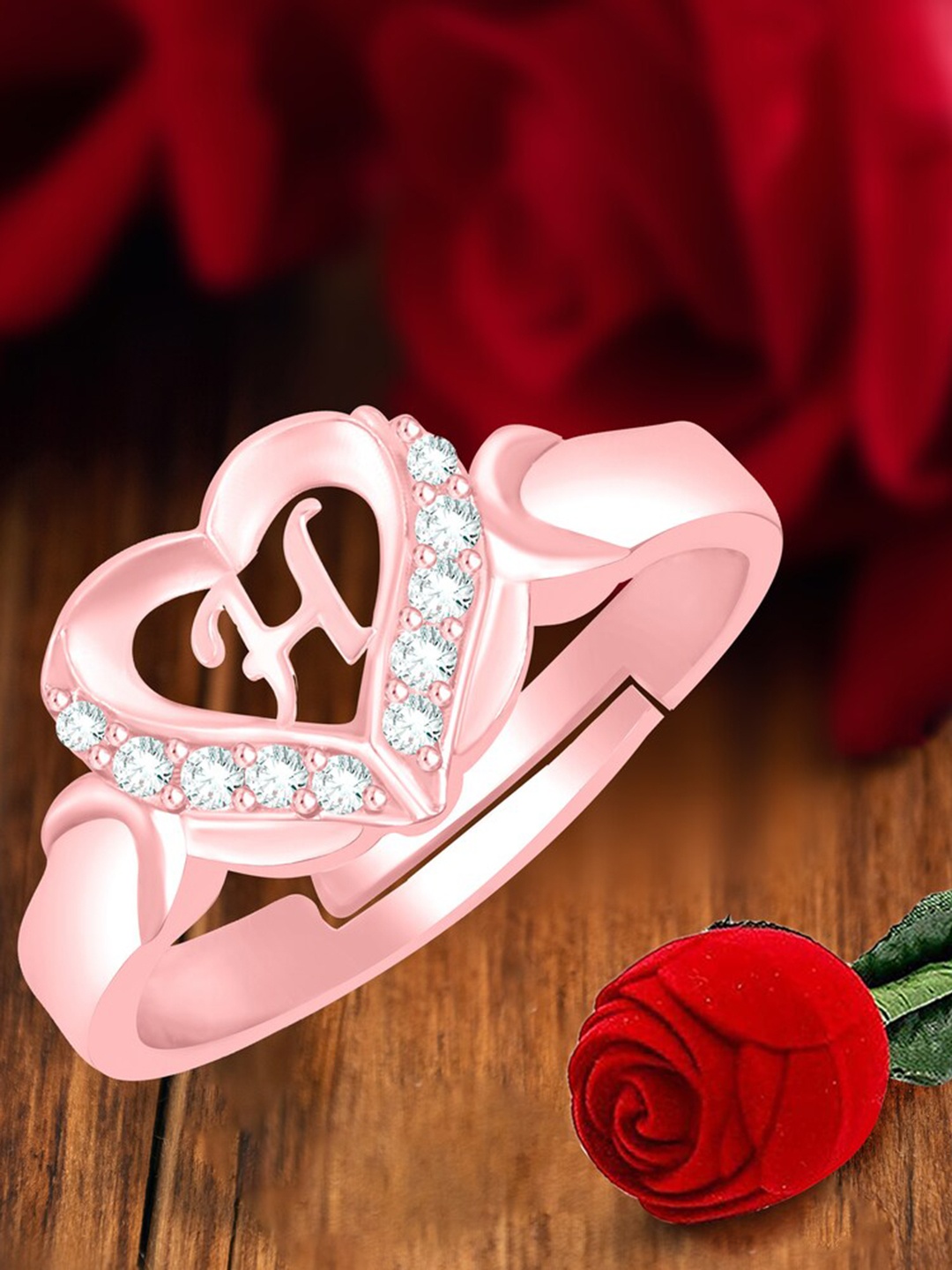 

MEENAZ Rose Gold-Plated AD Studded H Alphabet Adjustable Ring With Rose Box