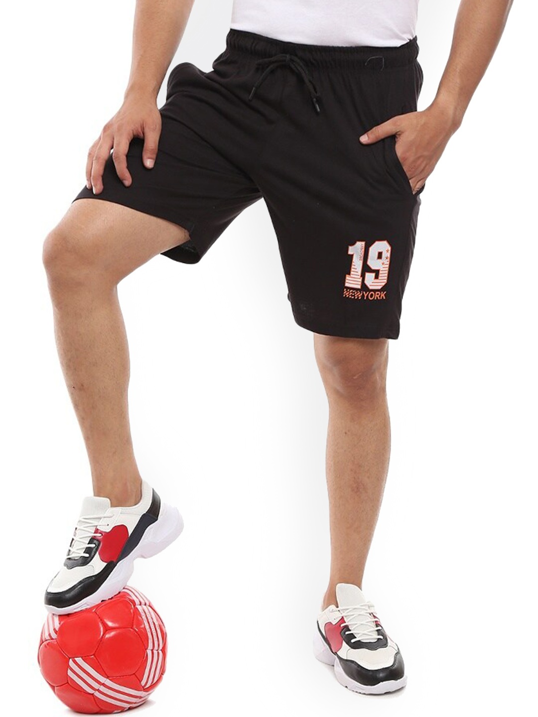 

V-Mart Men Alphanumeric Printed Mid-Rise Sports Shorts, Black