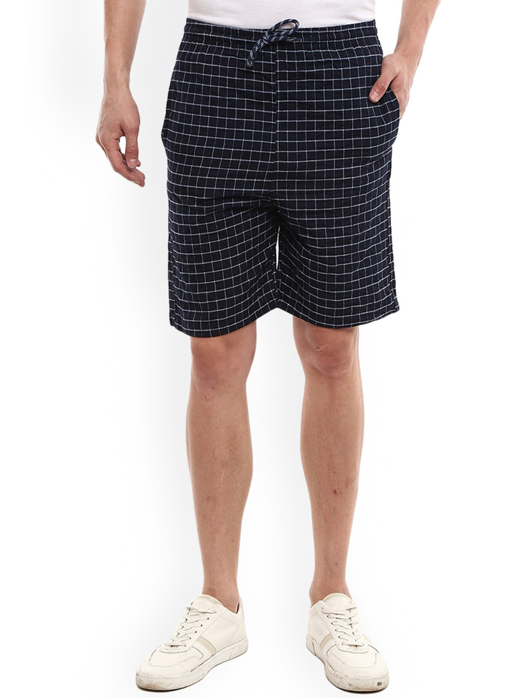 

V-Mart Men Checked Mid Raise Cotton Shorts, Blue