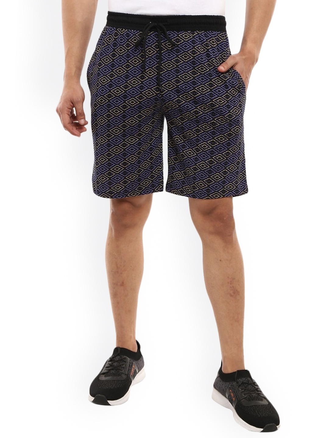

V-Mart Men Geometric Printed Mid Raise Cotton Shorts, Black