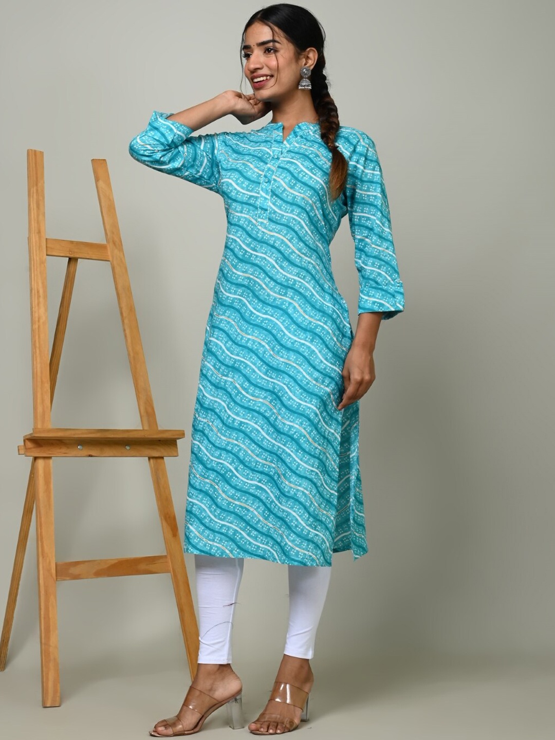 

Nishika Leheriya Printed Mandarin Collar Cotton Straight Kurta, Blue
