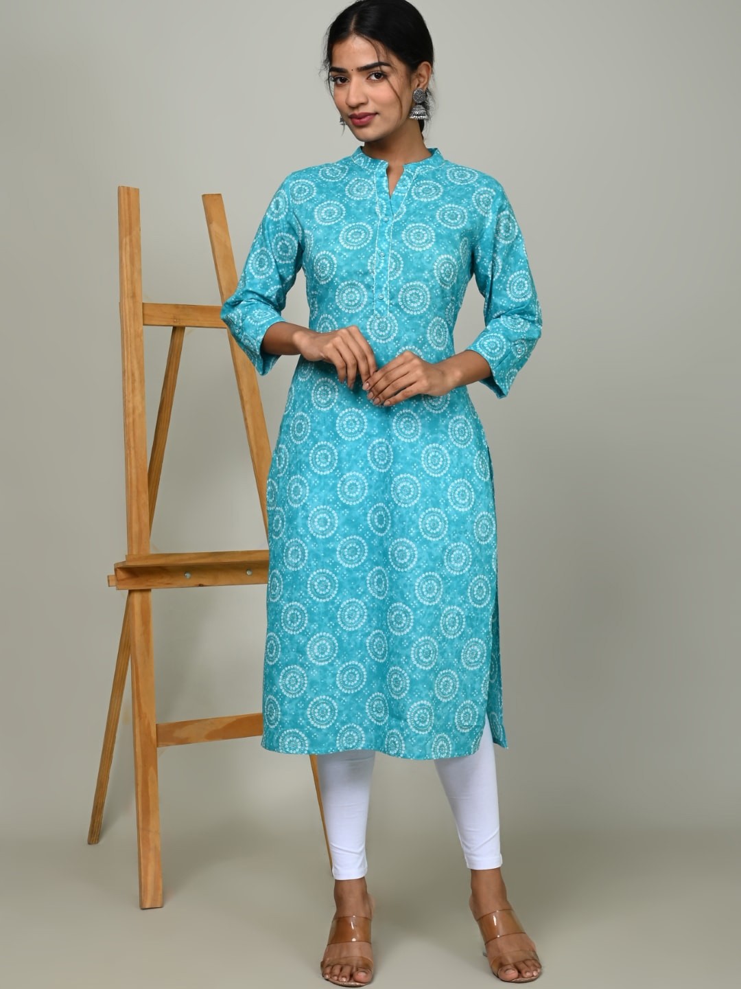 

Nishika Ethnic Motifs Printed Mandarin Collar Cotton Straight Kurta, Blue