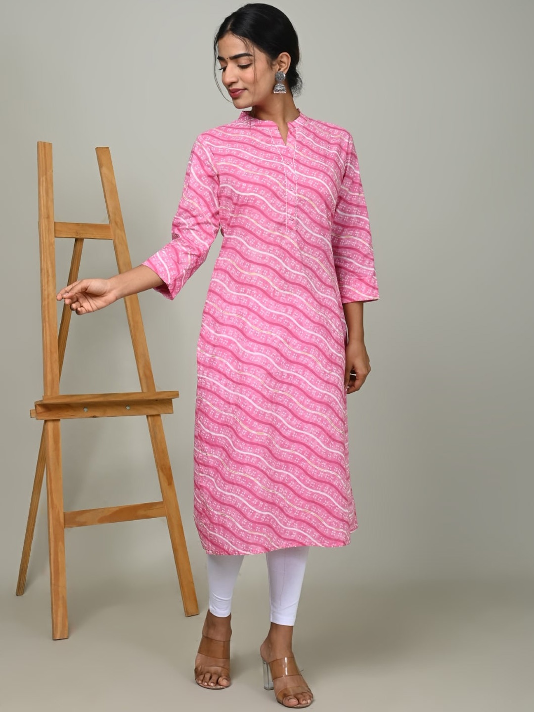 

Nishika Leheriya Printed Mandarin Collar Cotton Straight Kurta, Pink