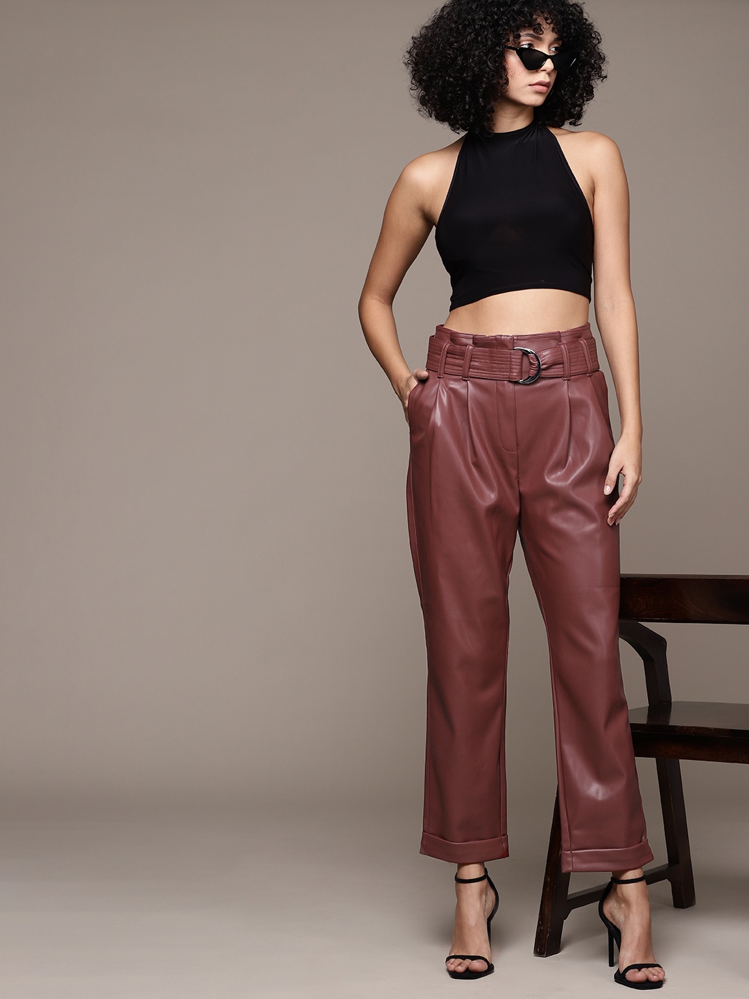 

WAREHOUSE Women Faux Leather Pleated Peg Trousers, Maroon