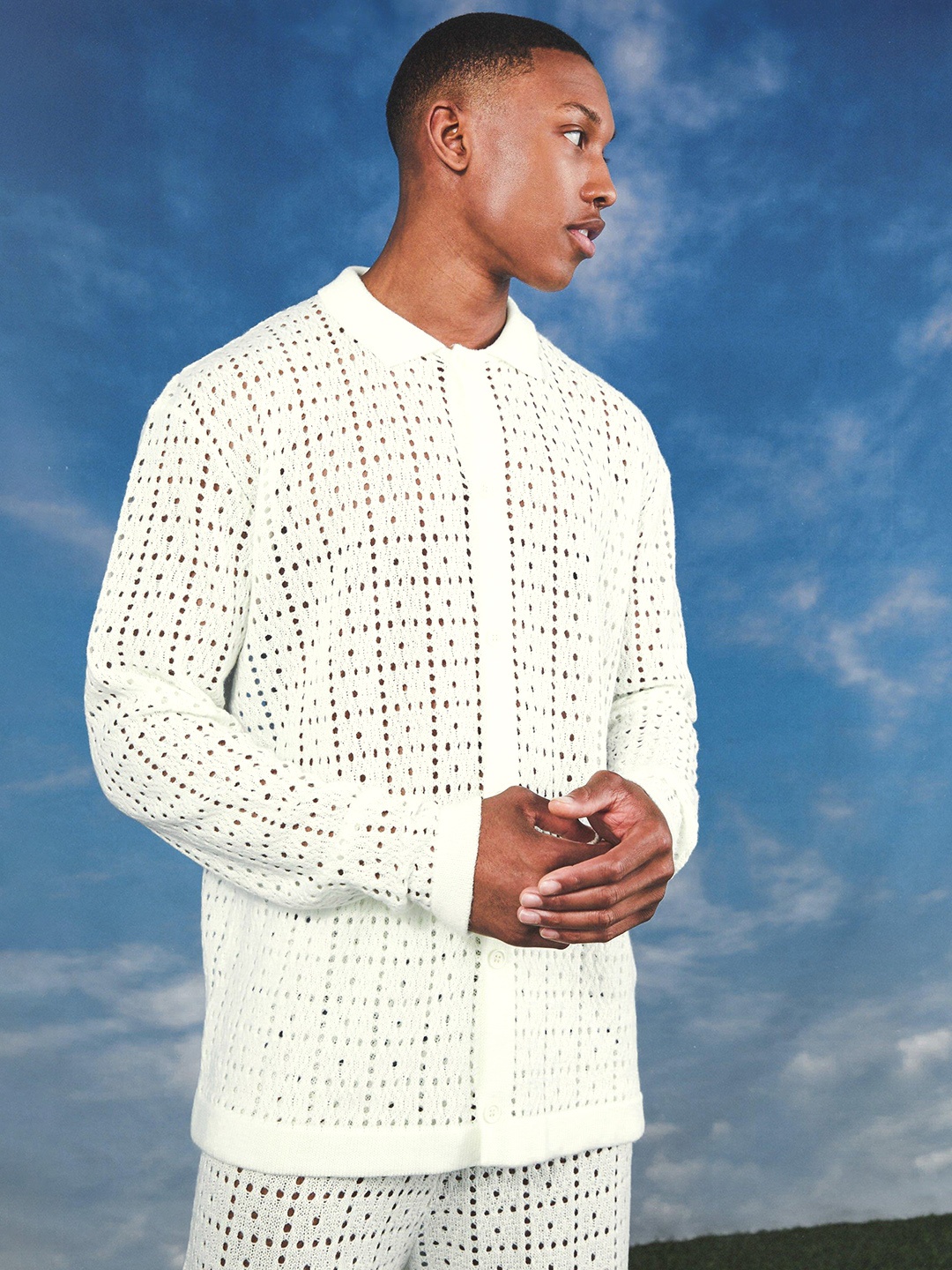 

boohooMAN Oversized Crochet Casual Shirt, Off white