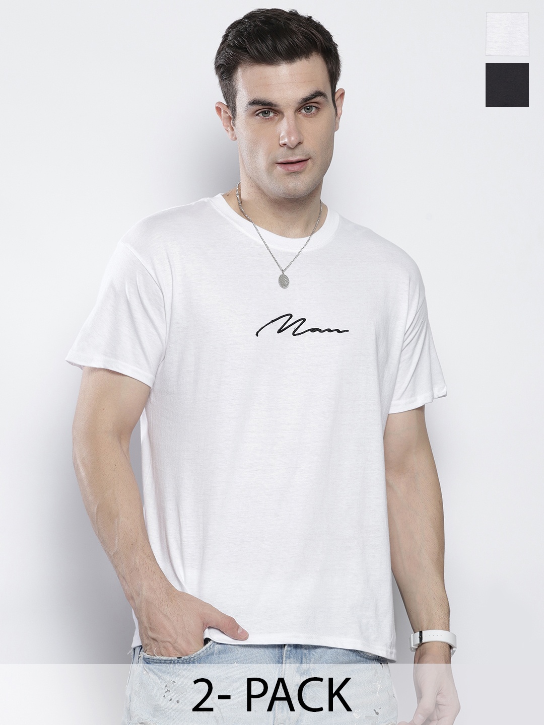 

boohooMAN Pack of 2 Cotton Solid T-shirts, Black