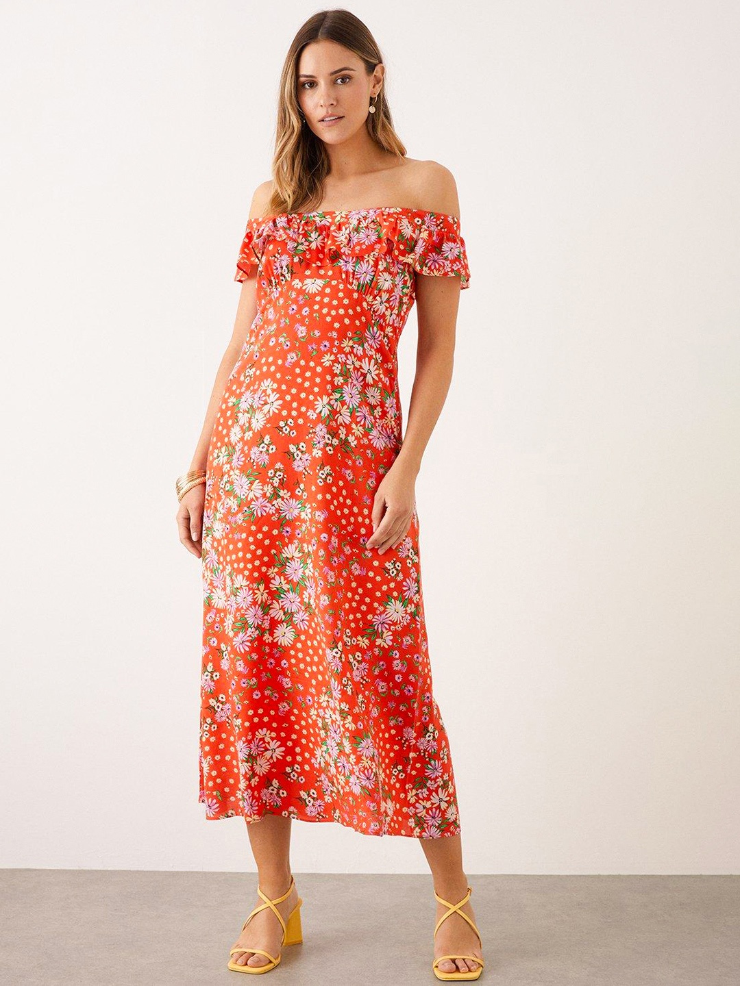 

DOROTHY PERKINS Floral Print Off-Shoulder Puff Sleeves Ruffled A-Line Midi Dress, Red