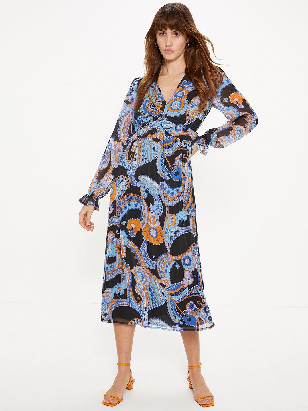 

OASIS Ethnic Motifs Print Ruffled Empire Midi Dress, Black