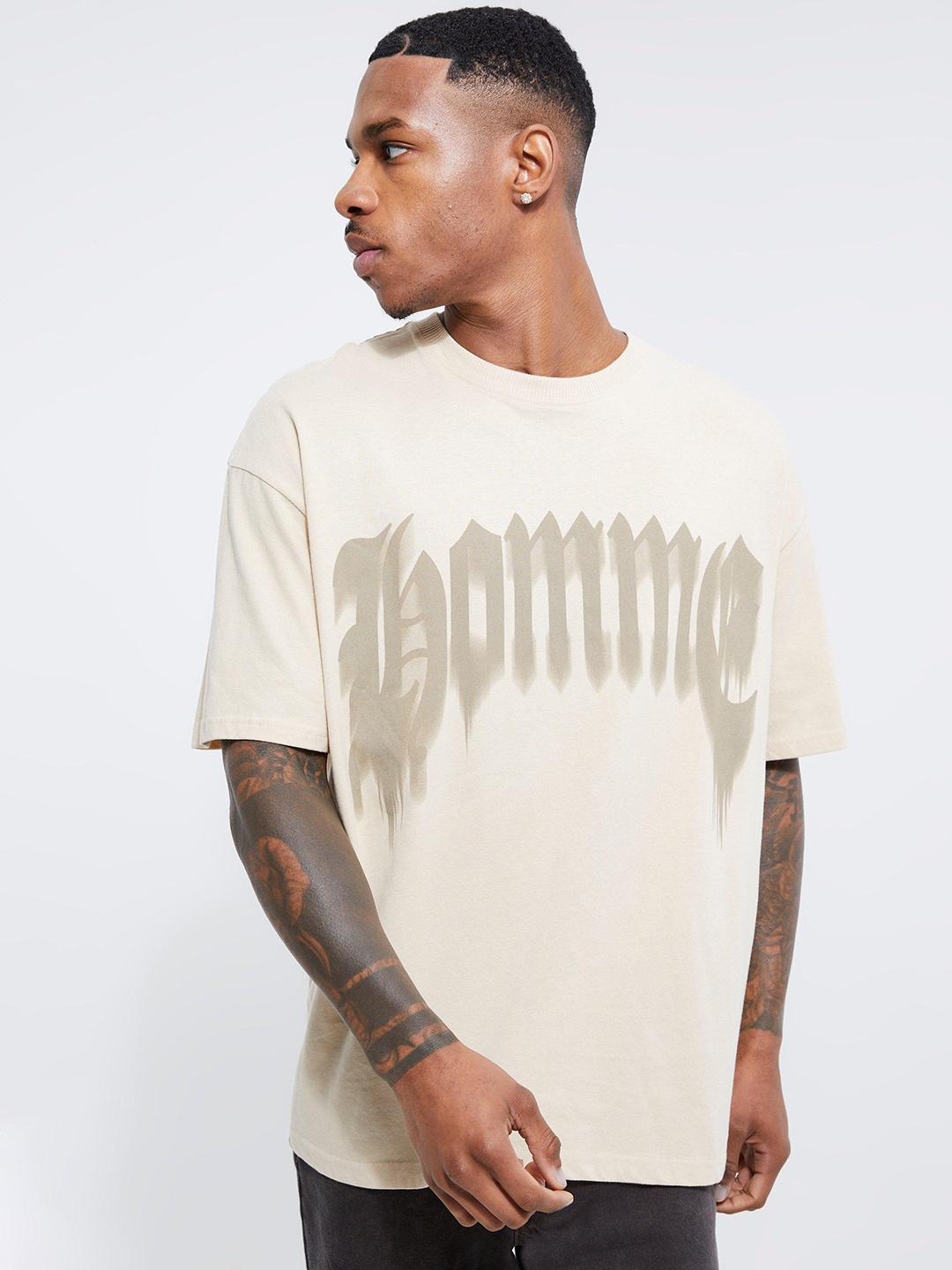 

boohooMAN Printed Drop-Shoulder Sleeves Pure Cotton Oversized T-shirt, Beige